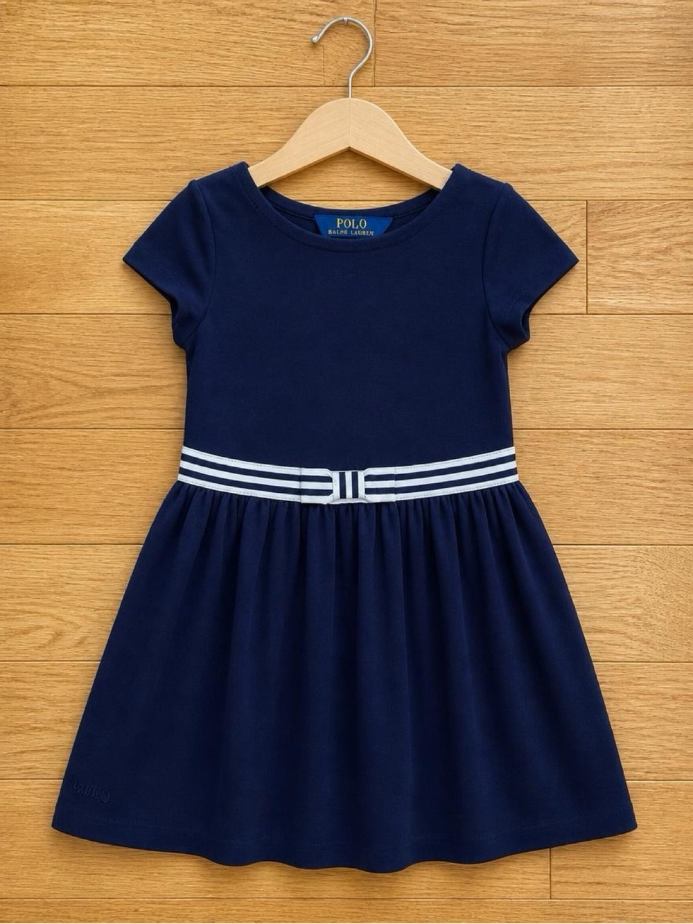 Polo Ralph Lauren Girls 3/3T Navy Blue Dress Striped Bow Waist Short Sleeve